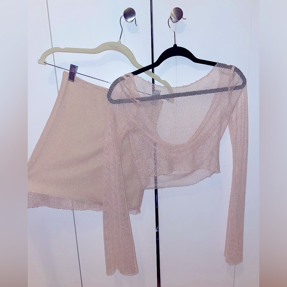 Two Piece Sparkly Mesh Light Pink Skirt Set